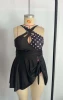 Plus size one piece swim dress with polka dot spliced crisscross halter neck