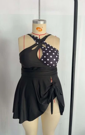 Plus size one piece swim dress with polka dot spliced crisscross halter neck