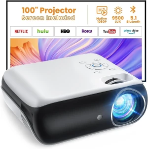 HAPPRUN Projector, Native 1080P Bluetooth Projector with 100''Screen,