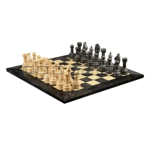 Black & Fossil Marble Natural Stone 16x16 Inch Rustic Chess Set  With Premium Quality Storage Box