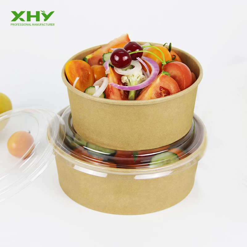 1000ML Custom Logo Printed Kraft Disposable Salad Paper Bowls With Clear Lids