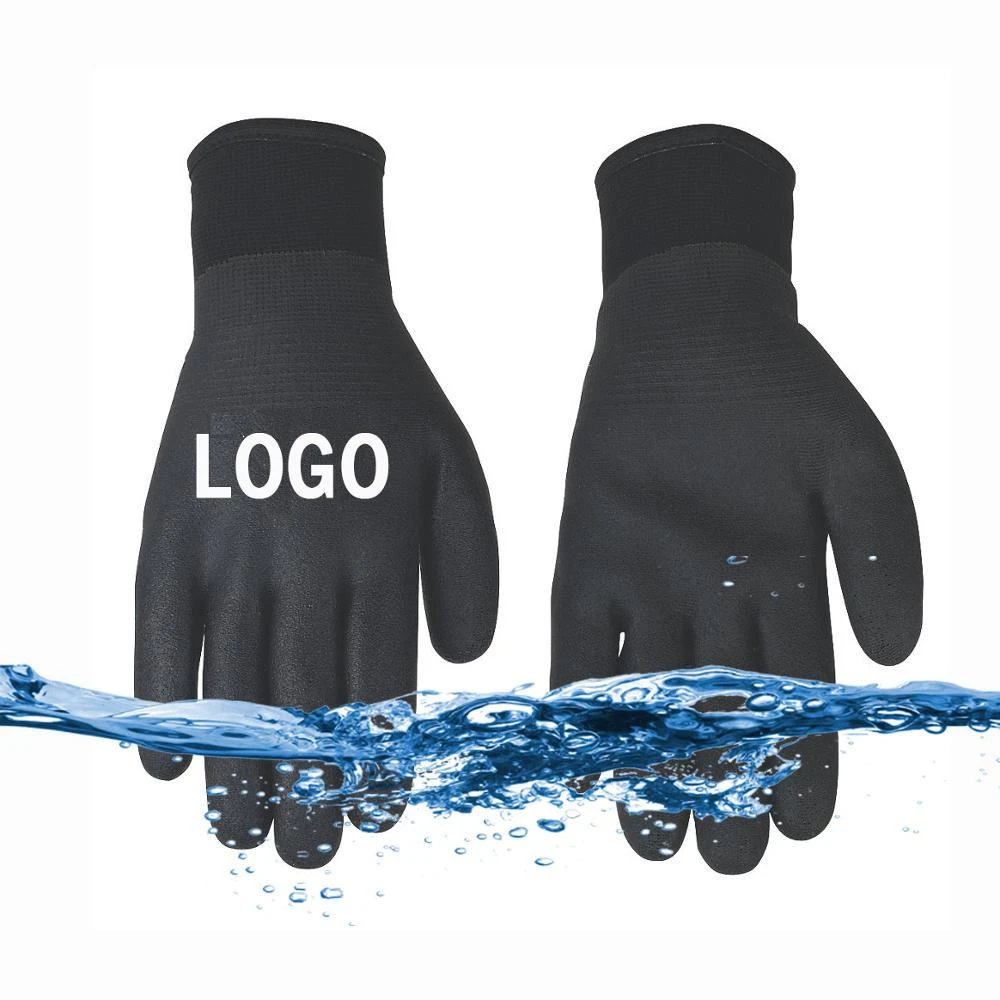 100% Waterproof Black Nitrile Gloves Work Safety Double rubber coated Fully latex dip Winter Fleece lined Outdoor Custom logo