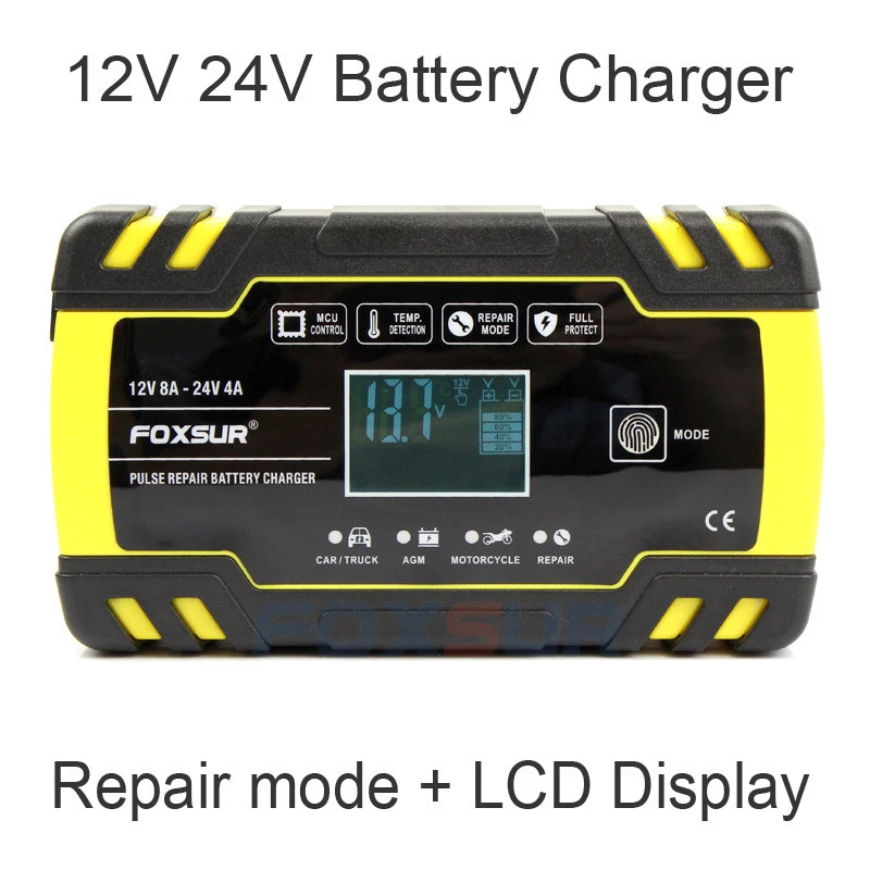 12V 24V Car Motorcycle Battery Charger FOXSUR Pulse Repair Agm Gel Wet Lead Acid Battery Charger
