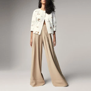 2017 wholesale casual wear trousers stylish high waist pleated women long wide leg pants