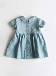 2018 Trending Baby Girl Party Wear Frocks Linen CottonToddler Dress Baby Shower Pale Blue Gorgeous Peter Pan Collar Dress