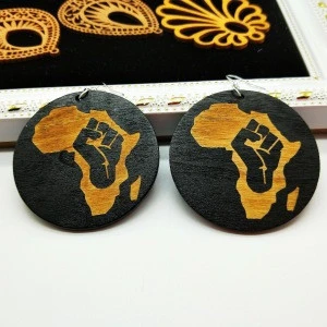 2020 New Arrival Ethnic Jewelry Black African Map Earrings Round Afro Woman Queen Painted Wood Earring For Women