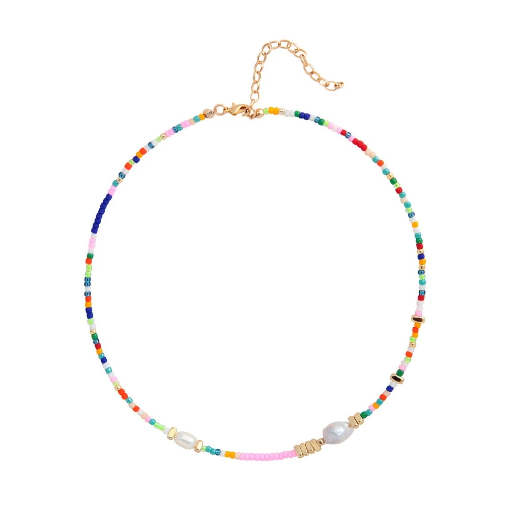 2021 Fashion Bohemian Rainbow Bead Necklaces Titanium Steel Vacuum Plated 18K Gold Shell Baroque Fresh water  Pearl Necklace