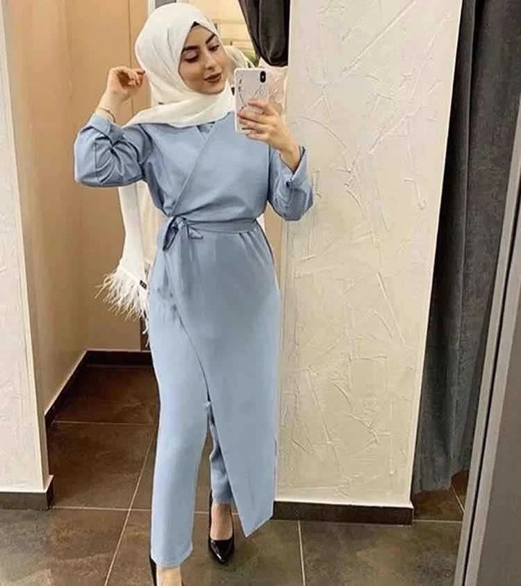 2021 Latest design Islamic Women islamic clothing dress  solid color long belted jumpsuit plain color islamic clothing
