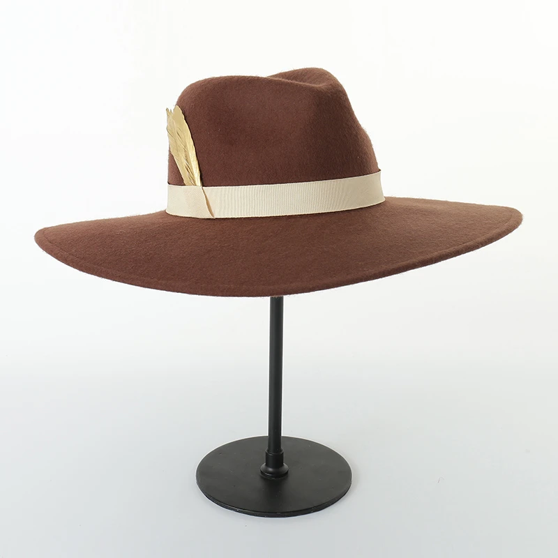 2021 Wholesale Custom Brown Wide Brim 100% wool fashionable Felt fedora Cowboy Hats with feather