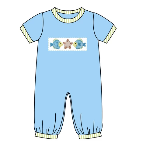 2022 Gold Supplier summer latest design cotton kid boy set fish applique short sleeves baby boy clothes outfit