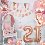 21th Birthday Party Decorations Set Rose Gold Number Foil Helium Balloons Happy Birthday Banner Party Decor Latex Supplies