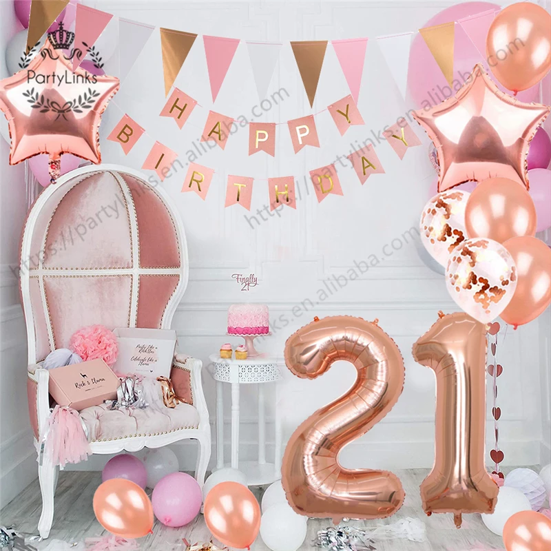 21th Birthday Party Decorations Set Rose Gold Number Foil Helium Balloons Happy Birthday Banner Party Decor Latex Supplies