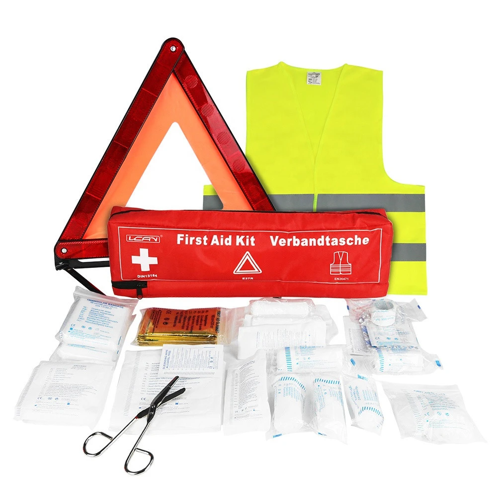 3 in 1 DIN First Aid Kit Carry Case with Reflective Vest First Aid Kit Warning Triangle