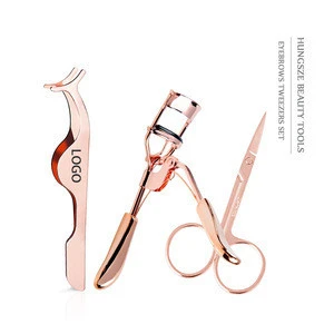 3 in 1 eye glam kit makeup tools set lash curler rose gold private labels eyelash applicator tweezers set with scissors