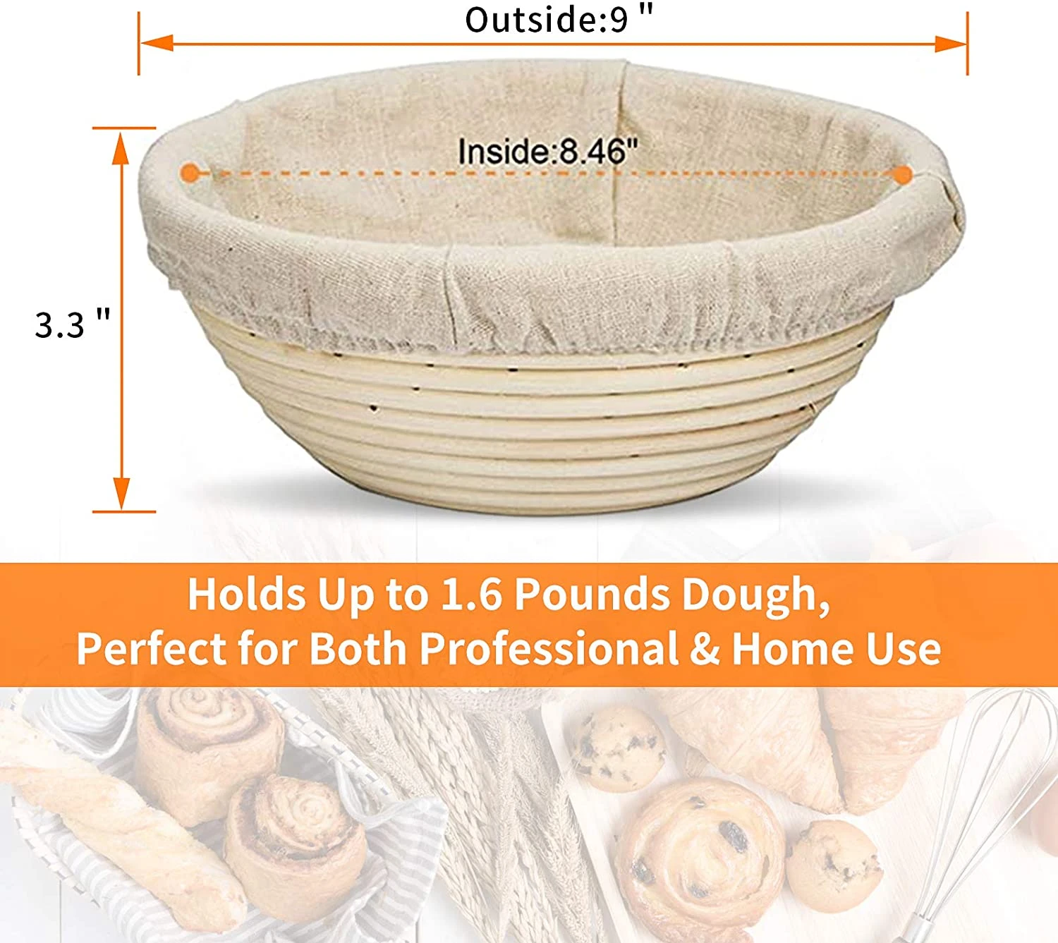 9 Inch Premium Round Natural Rattan Bread Proofing Basket with Liner Accessories