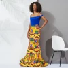 African Bazin riche dress  women sexy party dress off shoulder knit fabric top and kente print wax fabric bottom dress
