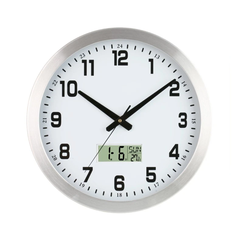 aluminum metal wall clock with LCD calendar and thermometer