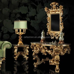 Baroco style marble top wooden carving gold color console table with mirror