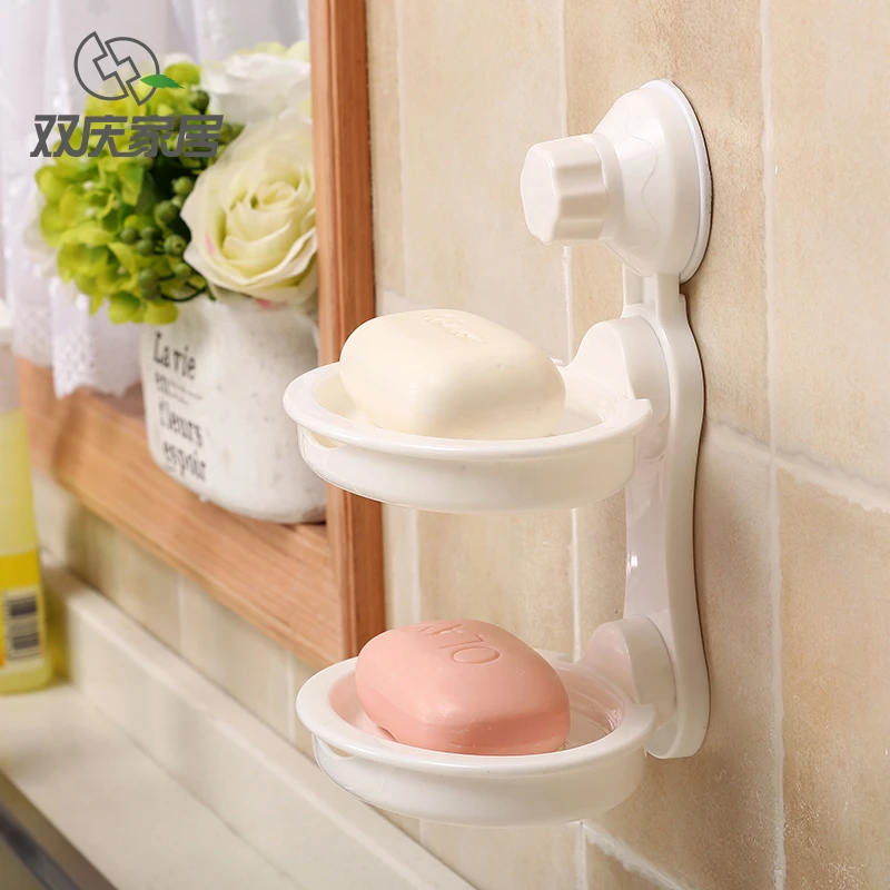 Bathroom Double Layers Plastic Soap Dish Holder Basket With Suction Cup