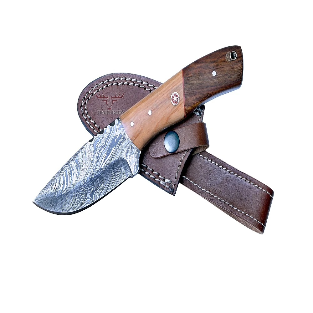 Best Design Damascus steel Pakka Wood handle hunting knives exclusively hand made with leather sheath Hunting gear