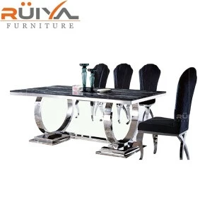 Best sell Foshan factory New modern designs marble top stainless steel dining table and 8 chairs