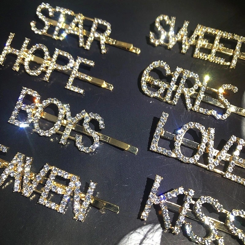 Bling Crystal Hair Clips English Alphabet Hair Pin Accessories Fashion Girls Diamond Hairpin