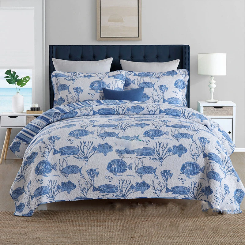 Blue Fish Pattern 1 Pc Bed Cover + 2 Pc Pillowcases European Style Printed Bedspread Thickening Blanket