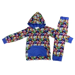 Boutique kids clothing hooded print blue long sleeve top trousers set children clothes outfit