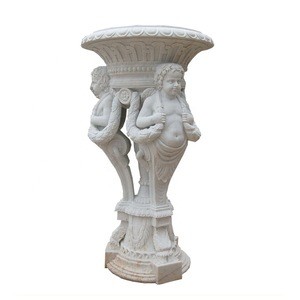 Carved white stone garden vase with flower carved statue for sale