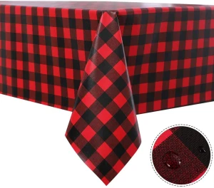 Christmas Black and Red Checkered Vinyl Rectangle Tablecloth 100% Waterproof Oil Spill Proof PVC Table Cloth Cover