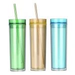 Clear Drinkware Double Wall Plastic Insulated Skinny Acrylic Tumbler With Straw