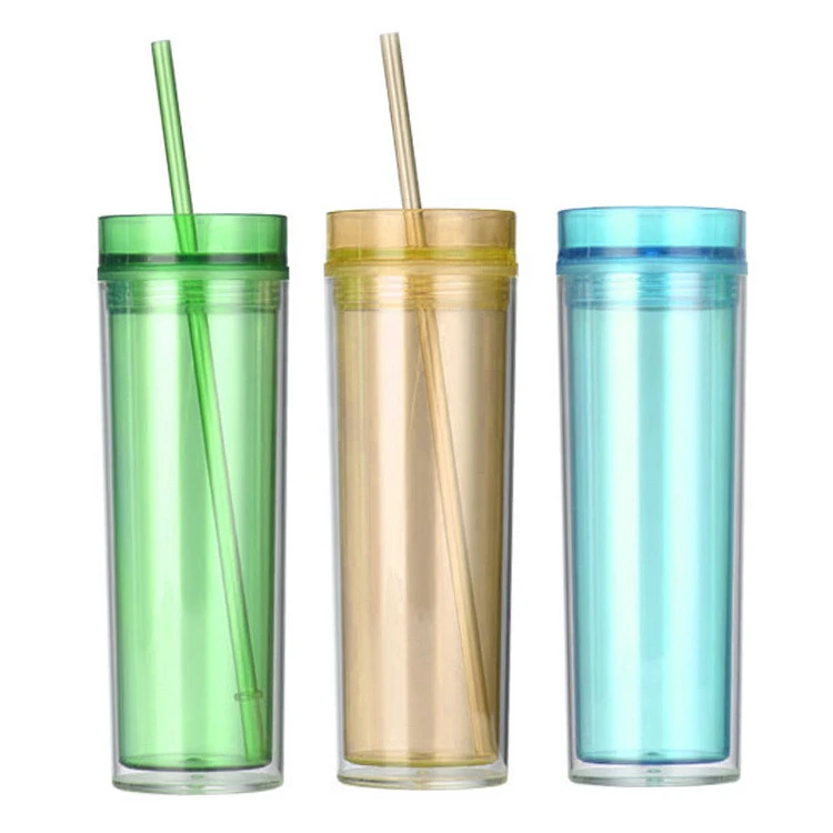 Clear Drinkware Double Wall Plastic Insulated Skinny Acrylic Tumbler With Straw
