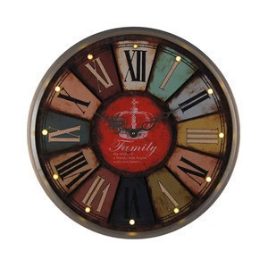 Colorful wooden wall clock with LED light countryside style antique wall clock for living room