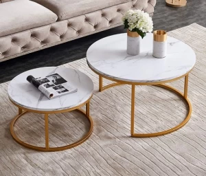 Contemporary Round Nesting Coffee Table Bent Black Gold Metal Side Glass Marble Stone mdf Wood Nest of 3 Table Set Nesting Table