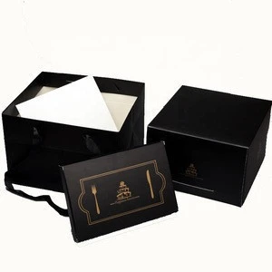 Custom Logo Eco-friendly Square Black Birthday Cake Box Paperboard Paper Box for Cheese Cake Bread Paper Packing Box with Ribbon