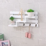 Customizable Wall-Mounted Rustic Vintage Wooden Tiered Accent Display Shelf w/ 3 Key Hooks for Entryway