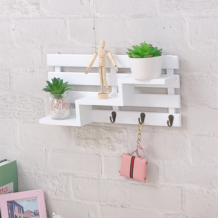 Customizable Wall-Mounted Rustic Vintage Wooden Tiered Accent Display Shelf w/ 3 Key Hooks for Entryway