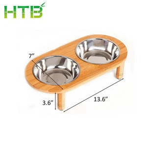 Elevated Bamboo Pet Feeder Dog Cat Bowls Stand with 2 Stainless Steel Bowls