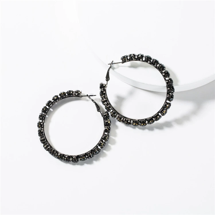 European and American exaggerated big-name temperament black rhinestone big circle outer ring diamond earrings