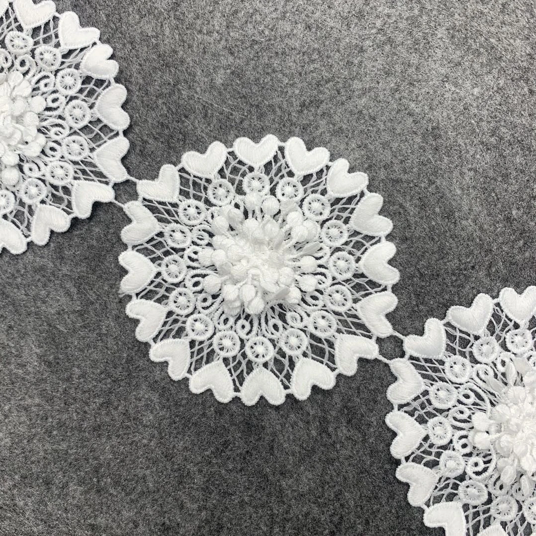 Fancy 100%polyester 3D flower crochet chemical lace  trim in white for garments accessories