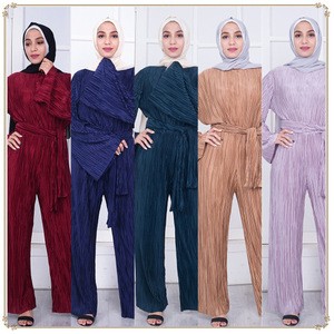 fashion modest jumpsuit pleated long sleeve pearl european style silkyfabric casual clothes islamic clothing for women