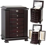 Floor standing six drawer antique lacquer wooden tall Arabic jewelry box cabinet with large mirror inside