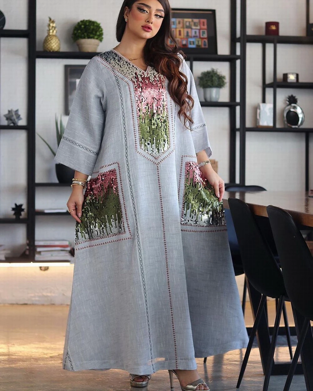 Foma Dresses AB053 summer dubai islamic clothing abaya sequins embroidered robe plus size muslim long maxi dress