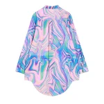 Friendly stylish casual pink blue digital printed button blouse tops women long sleeve shirt ladies