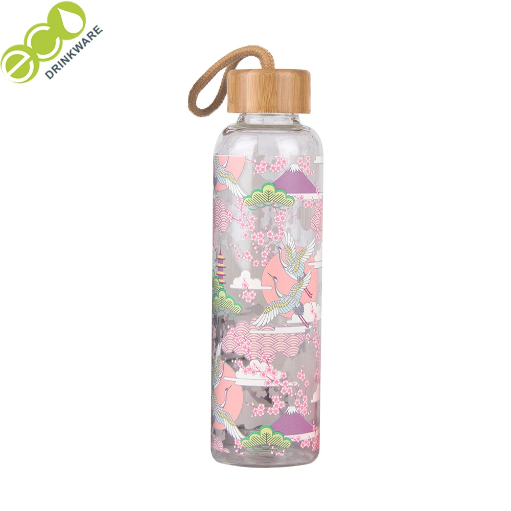 GA5064 Eco friendly  bamboo glass private label cool transparent water bottle glass designs 1000ml 1 litre with silicone sleeve