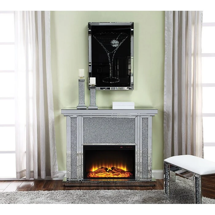 High Quality Mirrored Frame Crystal Faux Stones Electric Fireplace Glam Fireplace For Home Hotel Furniture