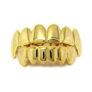 Hiphop Bling Real Gold Color Teeth Grillz  Top Bottom Grill Set Body Jewelry