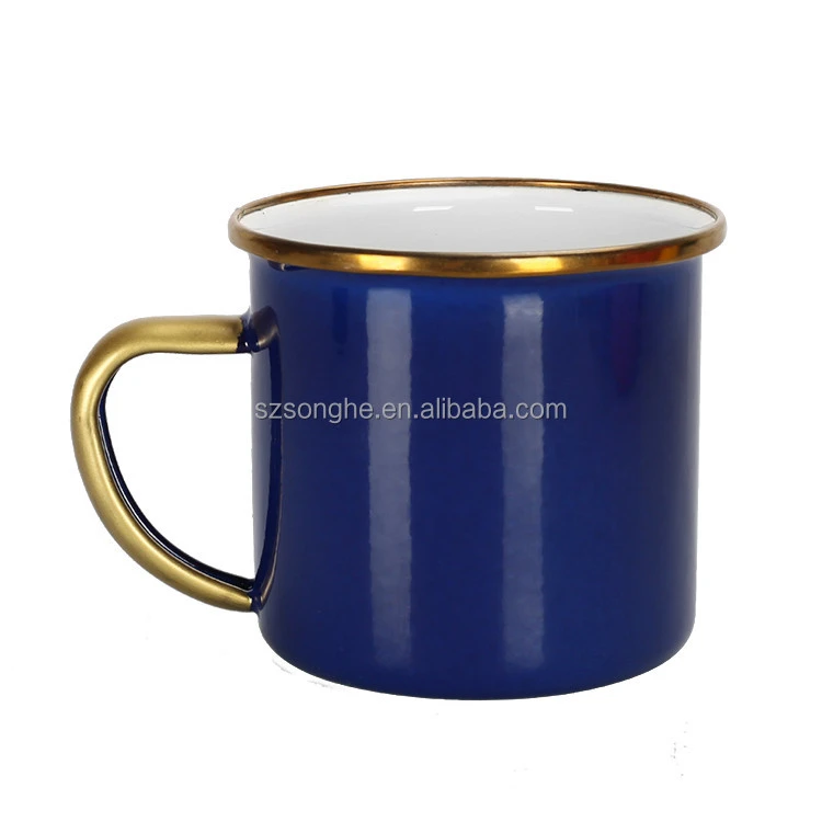 Home use tableware sublimation drinkware steel enamel mug in 12oz/350ml with black/metal/golden rim for Amazon/Aliexpress
