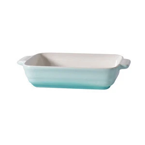 Home used kitchenware blue rectangle shape porcelain ceramics bakeware with double handle