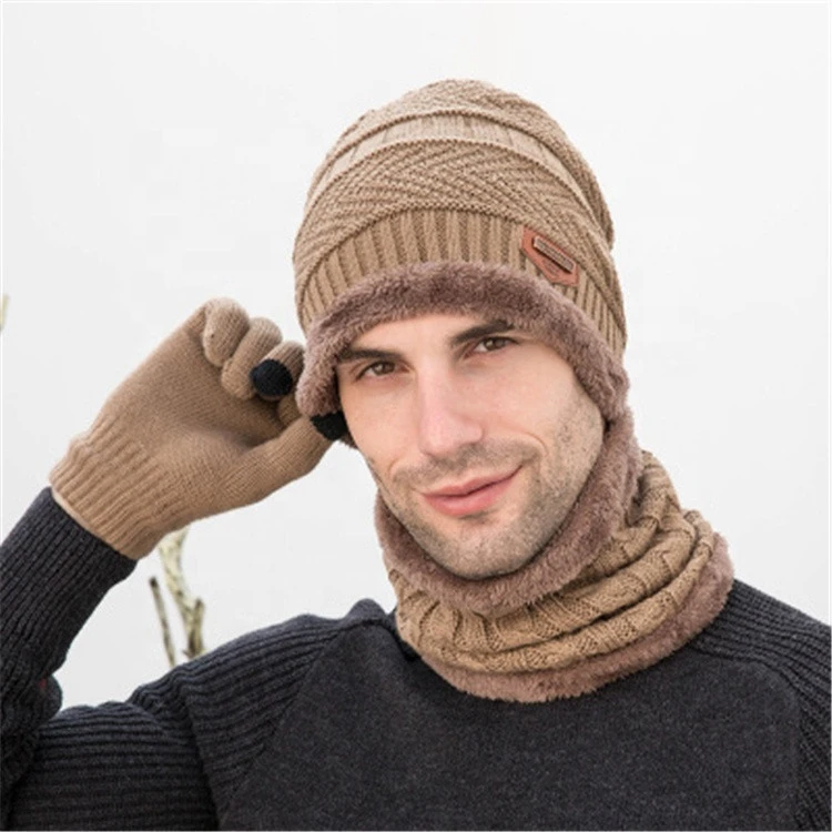 Hot Sale High Quality Winter Unisex Ski Mask Fleece Knit Beanie Hat With Scarf Gloves 3 pcs Suit